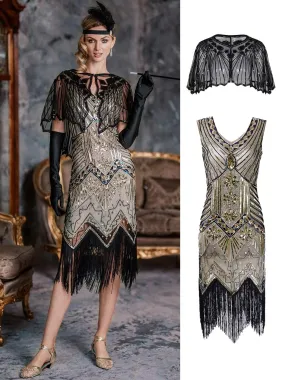 2PCS Top Seller Champagne 1920s Dress & Black Cape