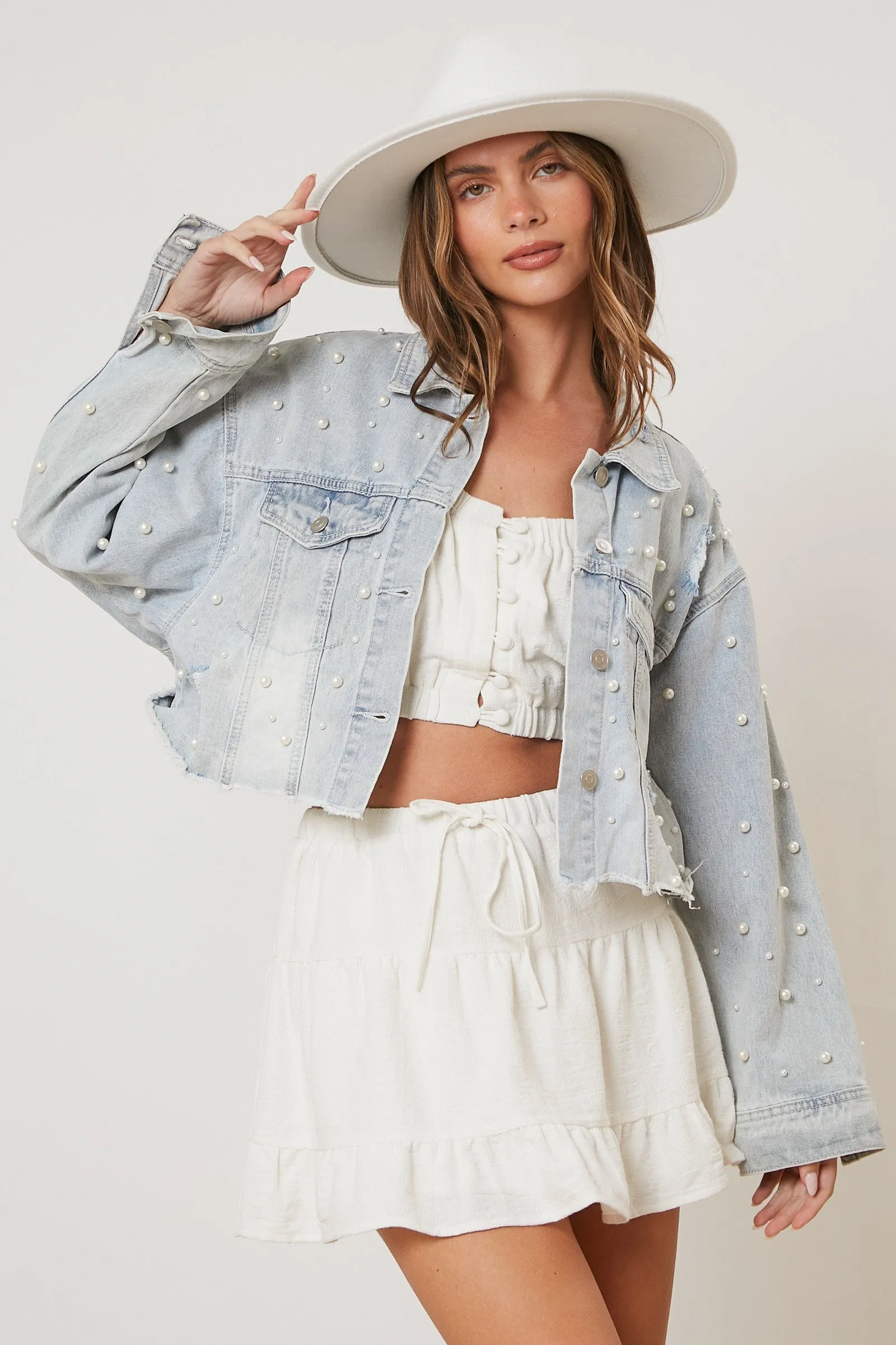 Adaline Pearl Detail Cropped Jacket - Denim