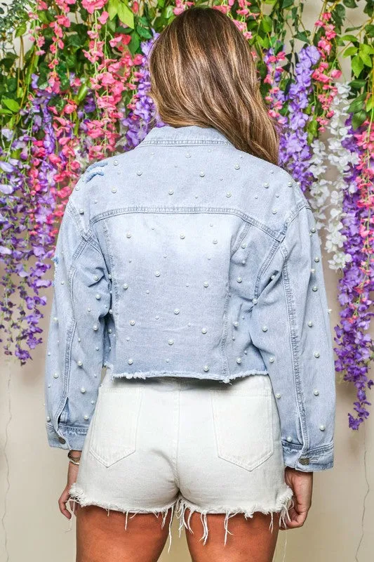 Adaline Pearl Detail Cropped Jacket - Denim