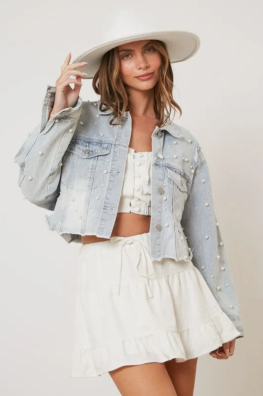 Adaline Pearl Detail Cropped Jacket - Denim