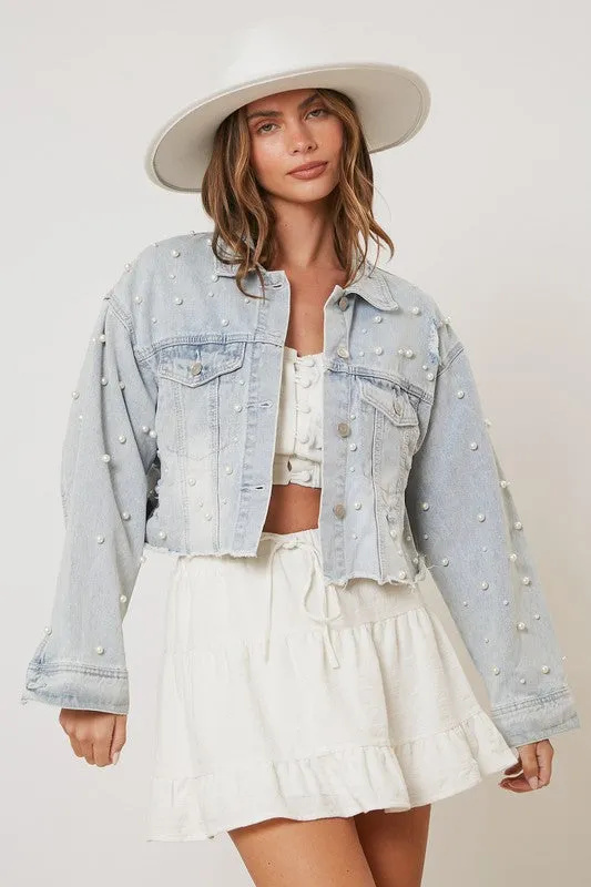 Adaline Pearl Detail Cropped Jacket - Denim