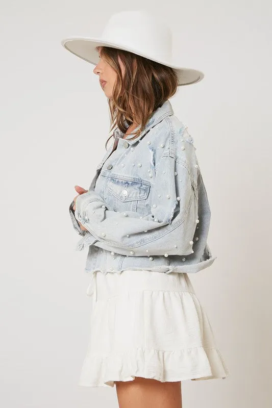 Adaline Pearl Detail Cropped Jacket - Denim