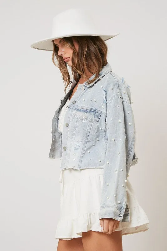 Adaline Pearl Detail Cropped Jacket - Denim