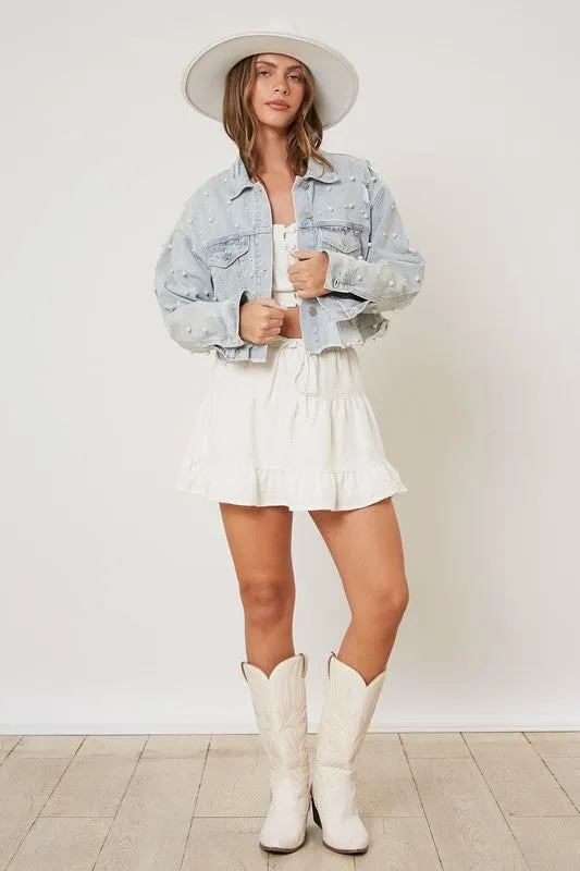 Adaline Pearl Detail Cropped Jacket - Denim