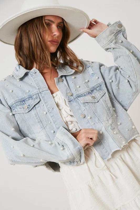 Adaline Pearl Detail Cropped Jacket - Denim