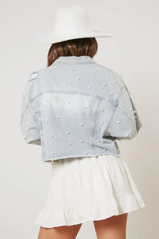 Adaline Pearl Detail Cropped Jacket - Denim