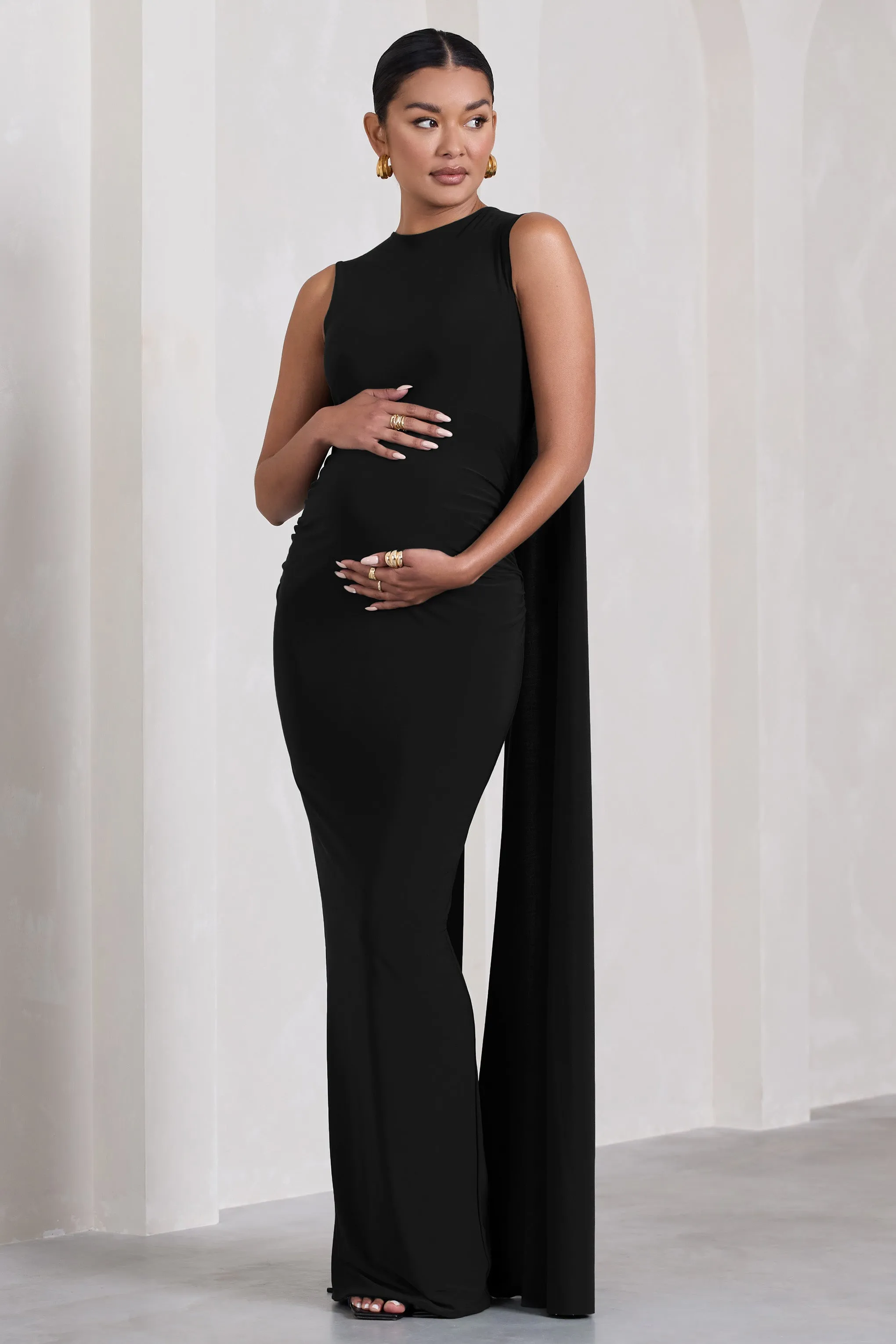 Allora | Black High-Neck Sleeveless Cape Maternity Maxi Dress