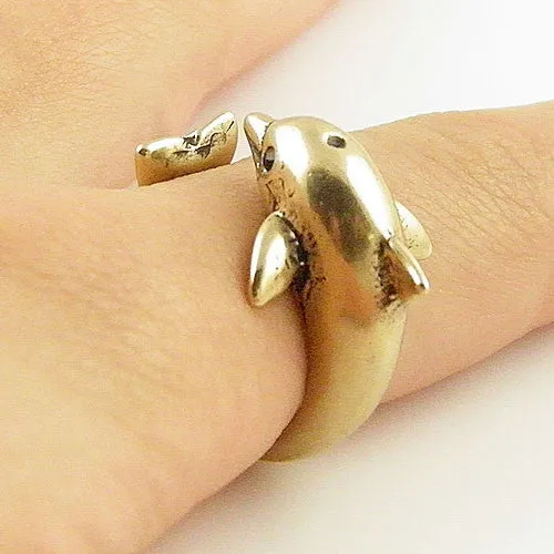 Animal Wrap Ring - Dolphin - Yellow Bronze - Adjustable Ring - Keja Jewelry