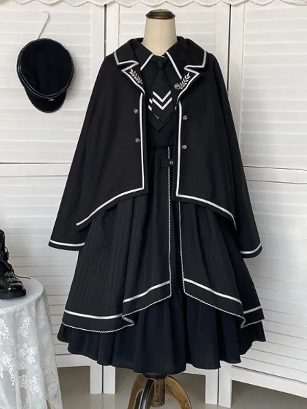 Army Lolita Cape Black Polyester Embroidered Spring Lolita Outwears