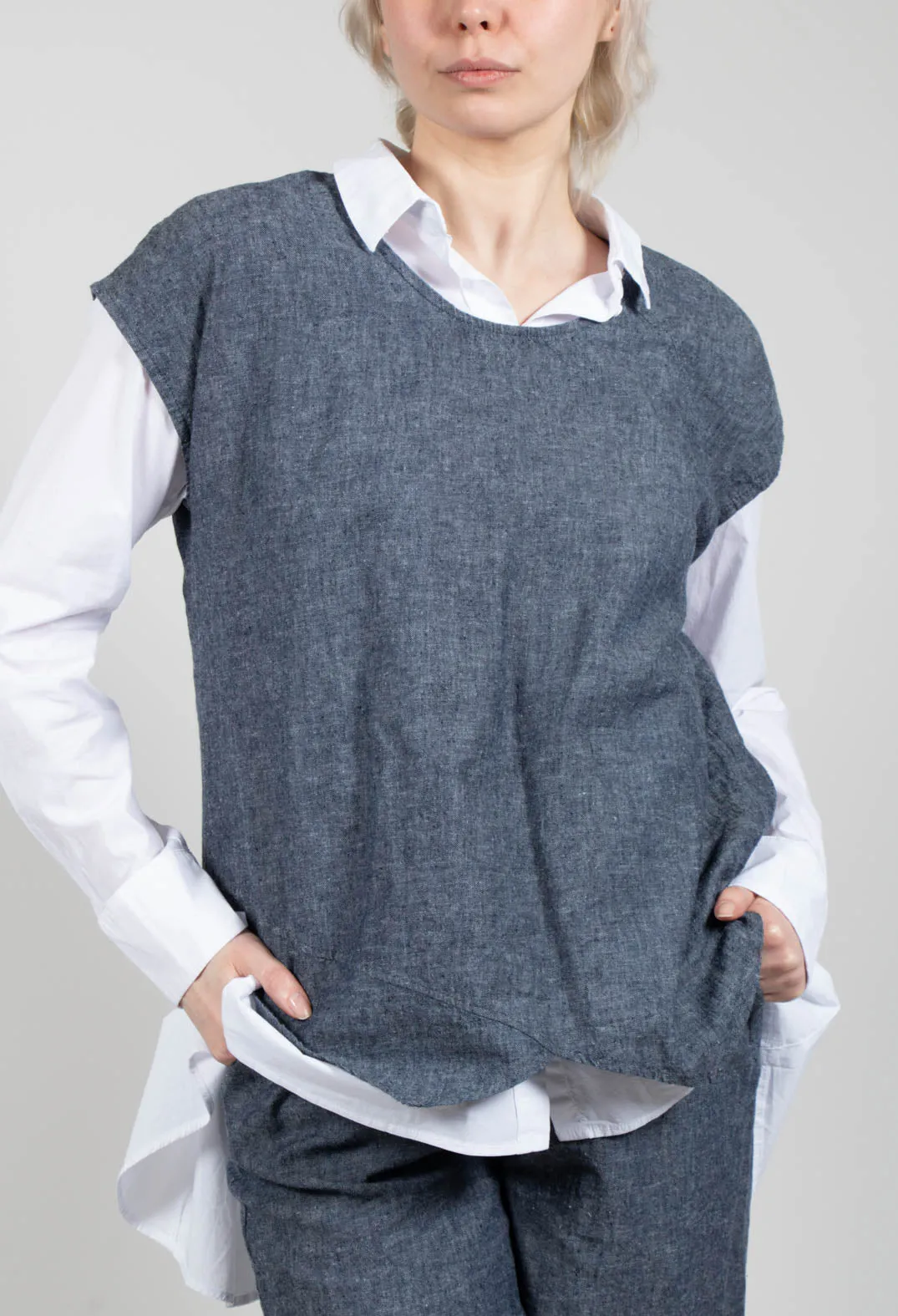 Asymmetric Wrap Shirt in Blue Denim