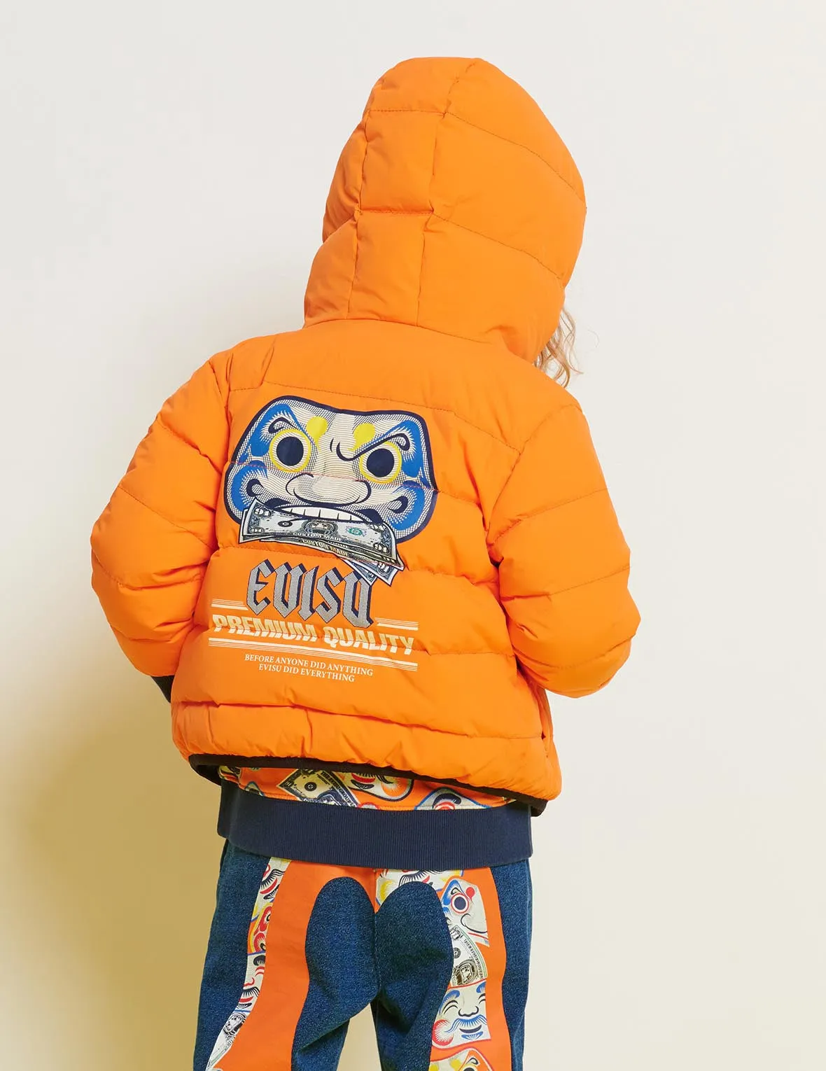 Banknote Daruma Print Down Jacket