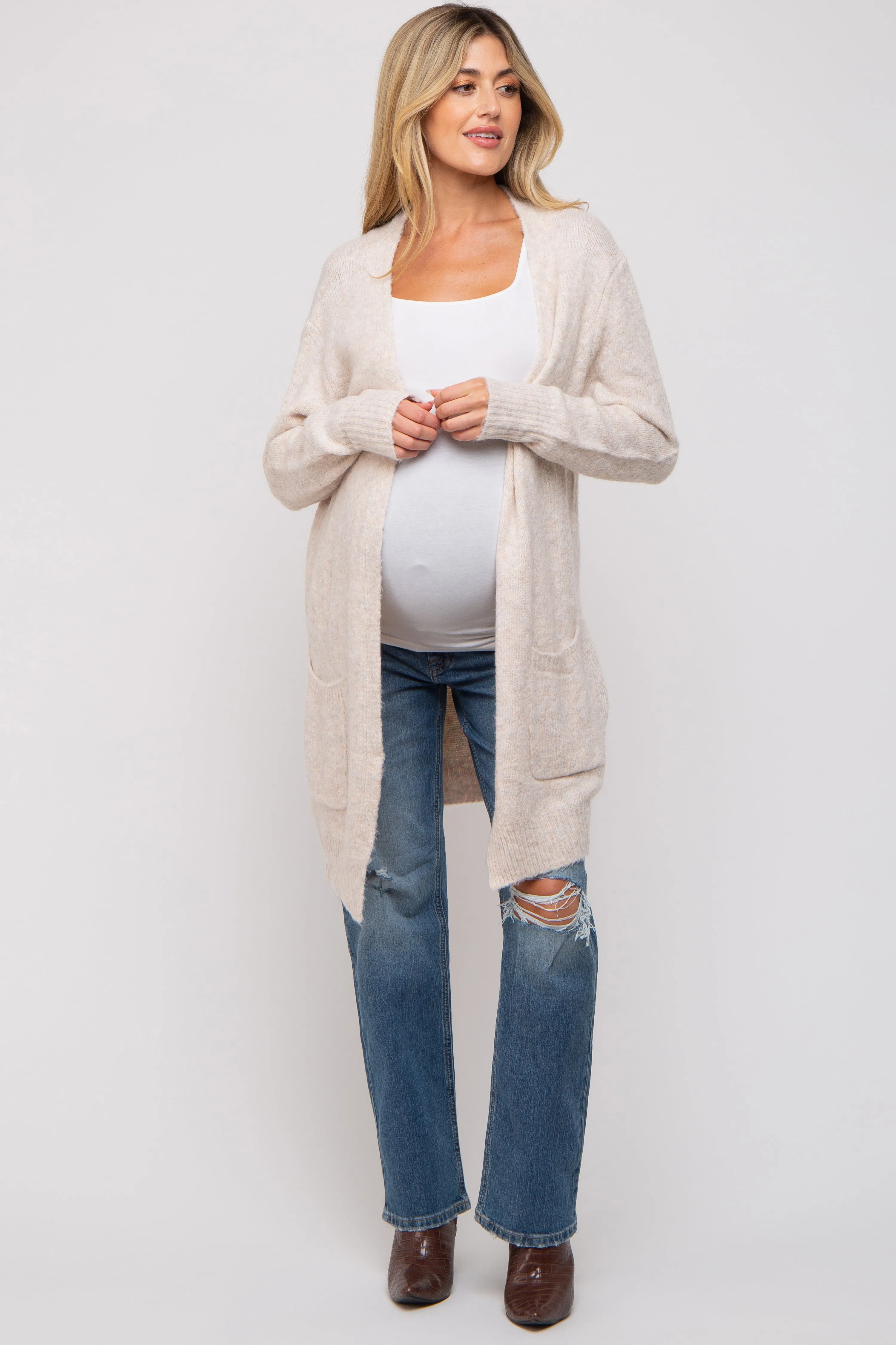 Beige Basic Knit Maternity Cardigan