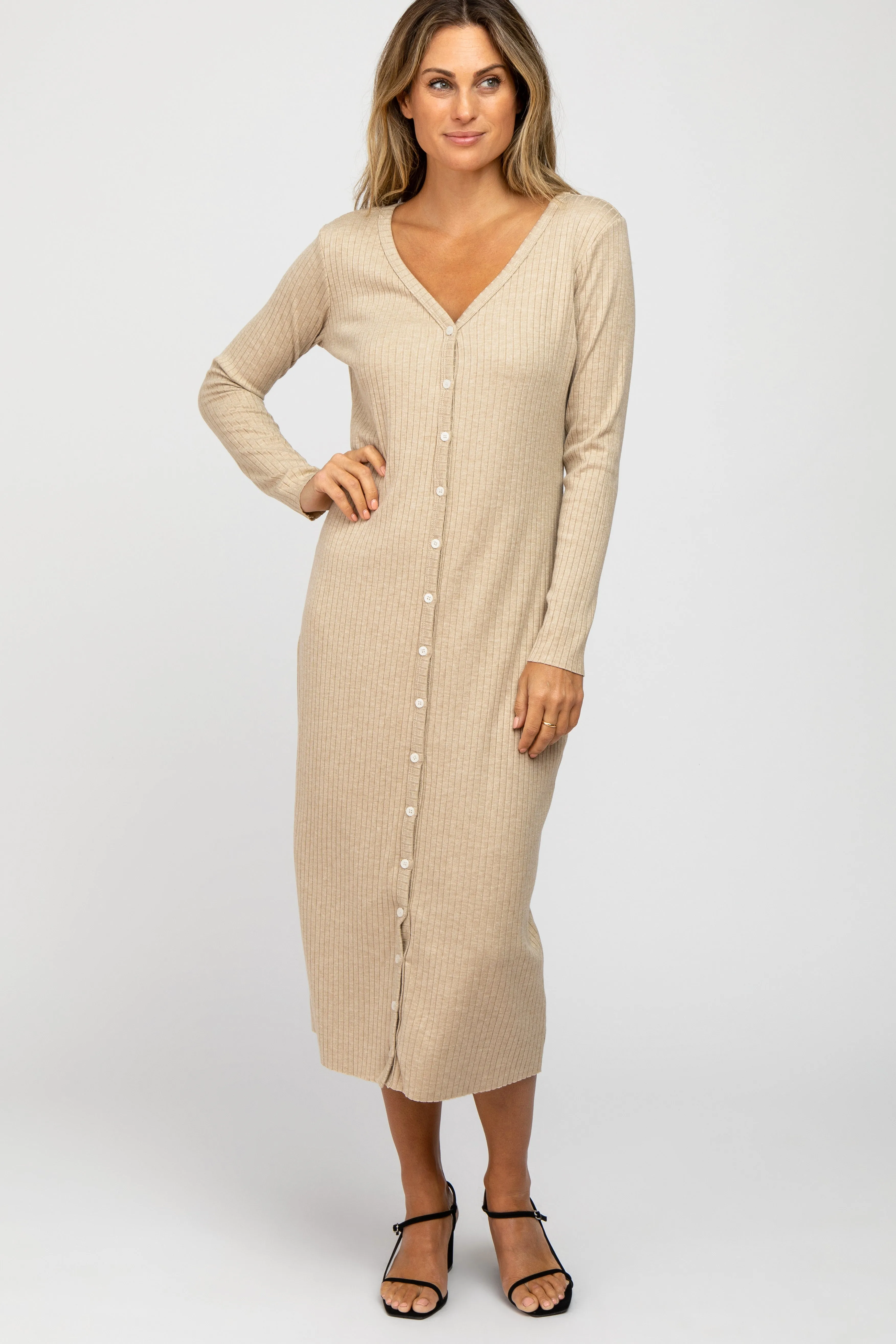 Beige Ribbed Button Front Midi Cardigan Maternity Dress