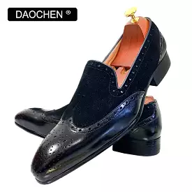 BLACK WINGTIP REAL LEATHER MEM SHOES SLIP ON DRESS WEDDING LOAFERS SHOES