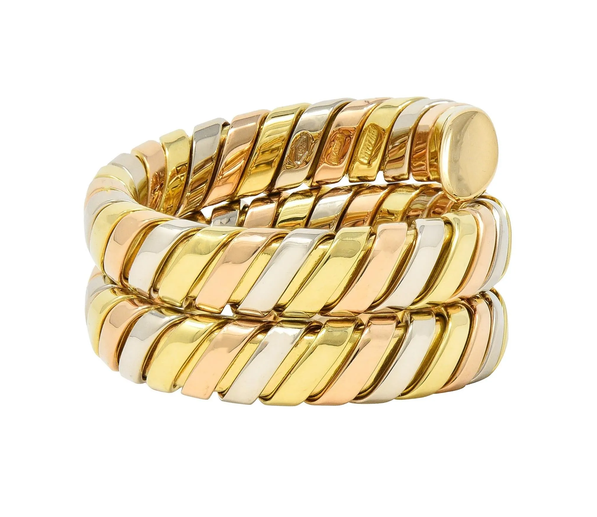 Bulgari 18 Karat Rose Yellow White Tri-Gold Tubogas Serpenti Triple Wrap Vintage Ring