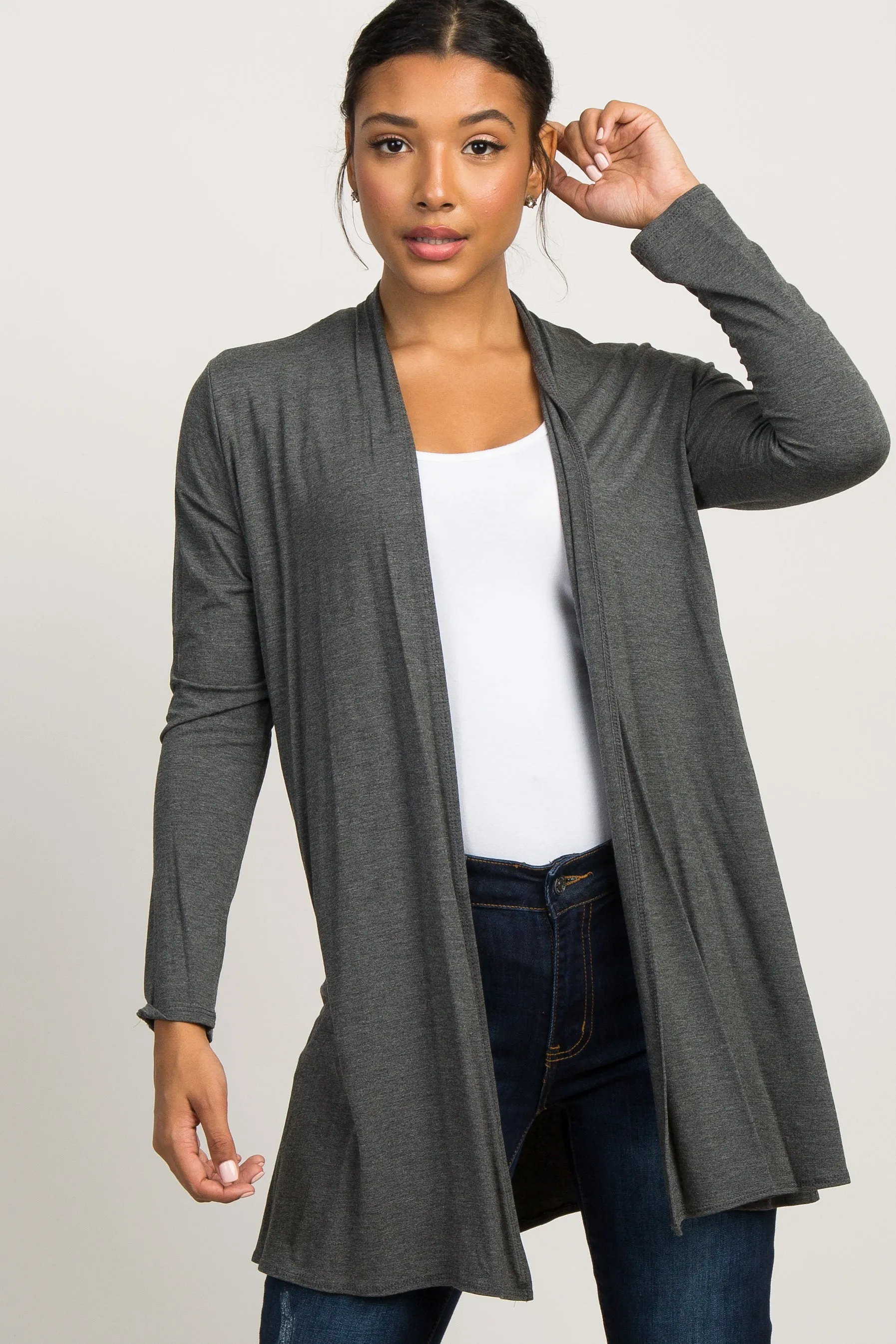 Charcoal Grey Solid Long Sleeve Maternity Cardigan