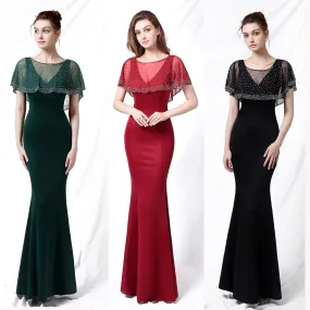 Deep V Neck Sleeveless Women Evening Dress With Hot Drilling Cape Mermaid Elegant Tafftal Robe De Soriee Vestidoes