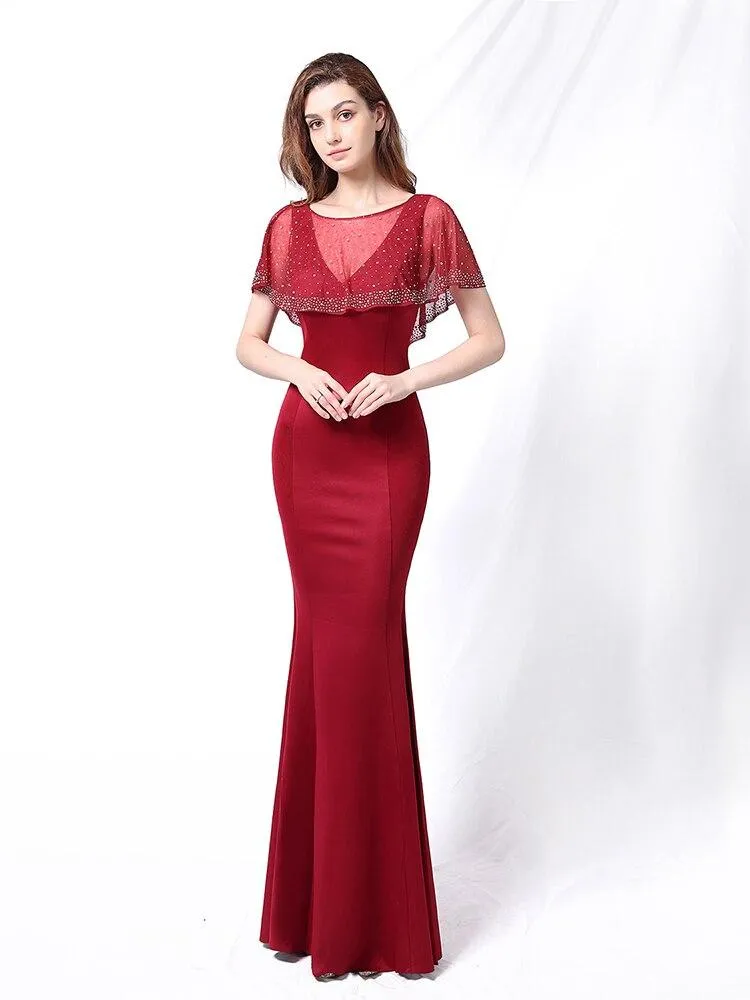 Deep V Neck Sleeveless Women Evening Dress With Hot Drilling Cape Mermaid Elegant Tafftal Robe De Soriee Vestidoes