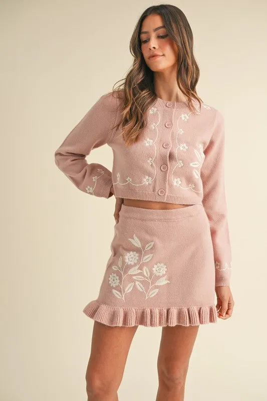 Georgia Embroidered Knit Cardigan & Mini Skirt Set