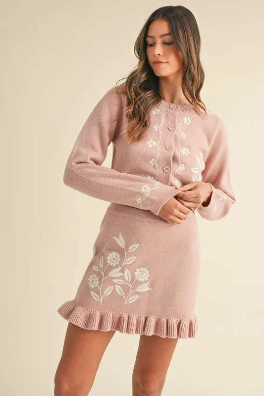 Georgia Embroidered Knit Cardigan & Mini Skirt Set