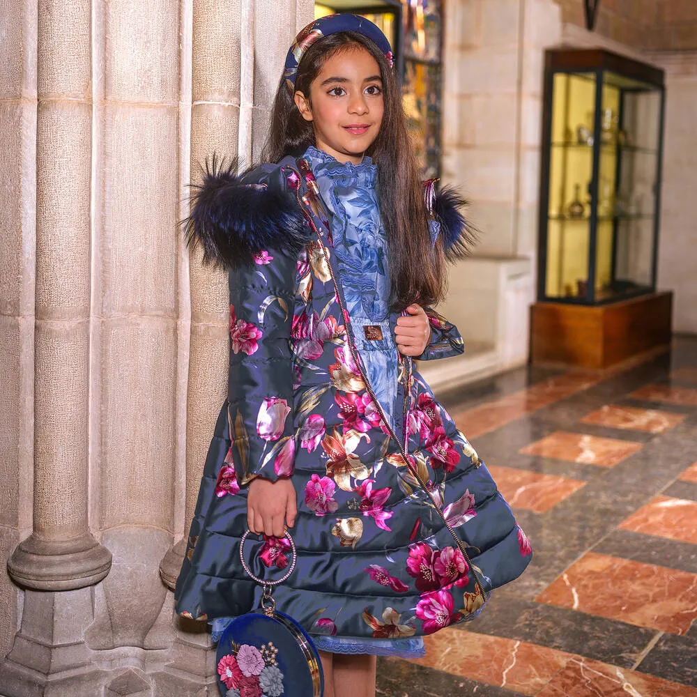 Girls Navy Blue Floral Down Puffer Coat