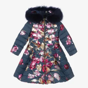 Girls Navy Blue Floral Down Puffer Coat