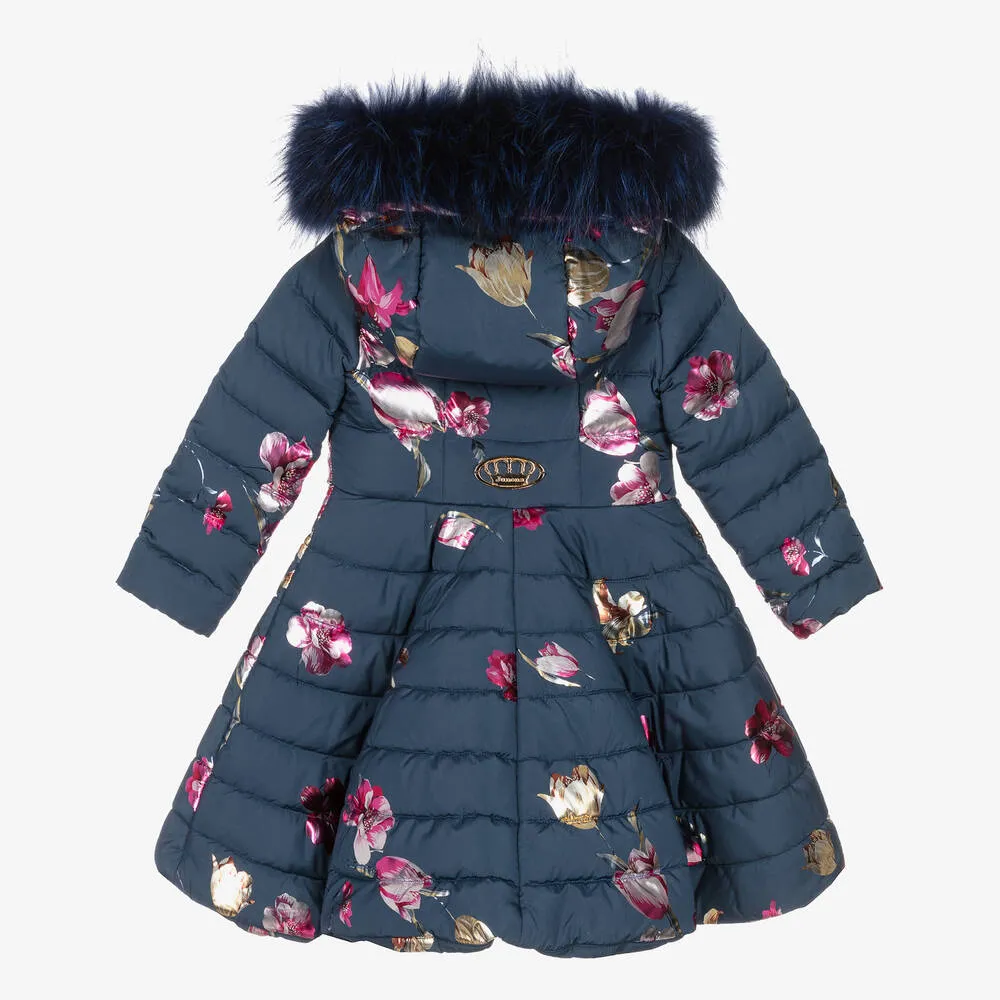 Girls Navy Blue Floral Down Puffer Coat