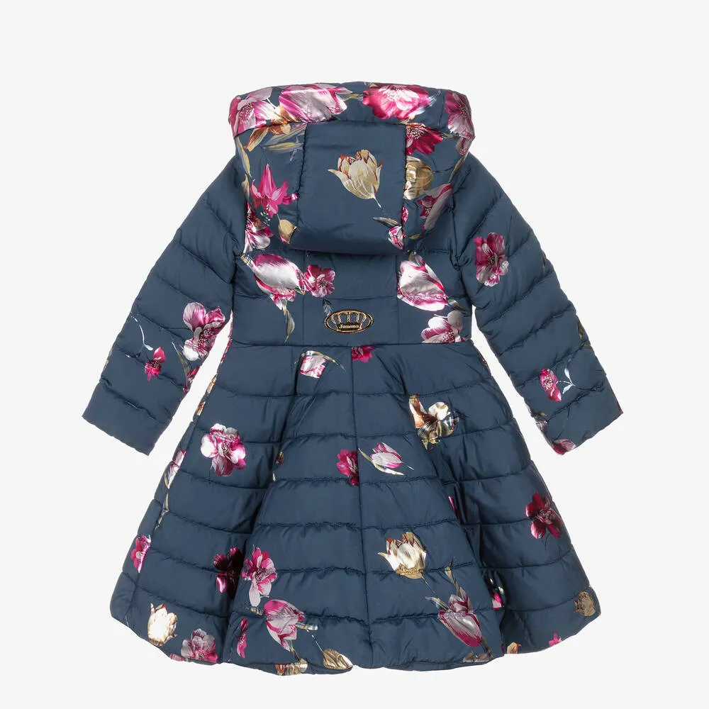 Girls Navy Blue Floral Down Puffer Coat