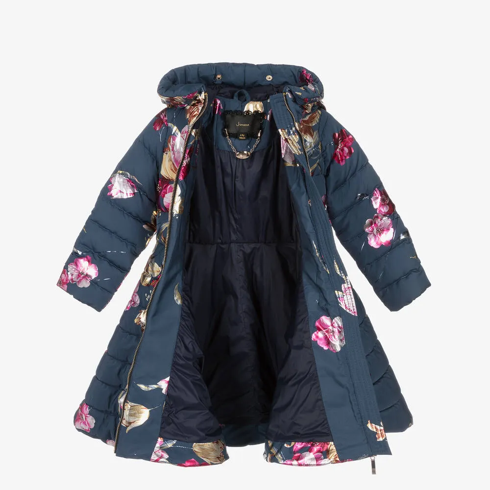 Girls Navy Blue Floral Down Puffer Coat