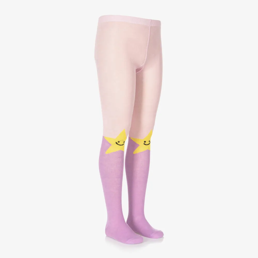 Girls Purple & Pink Cotton Star Tights