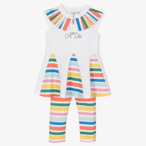 Girls White Stripe Cotton Leggings Set 