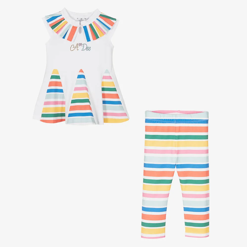 Girls White Stripe Cotton Leggings Set 