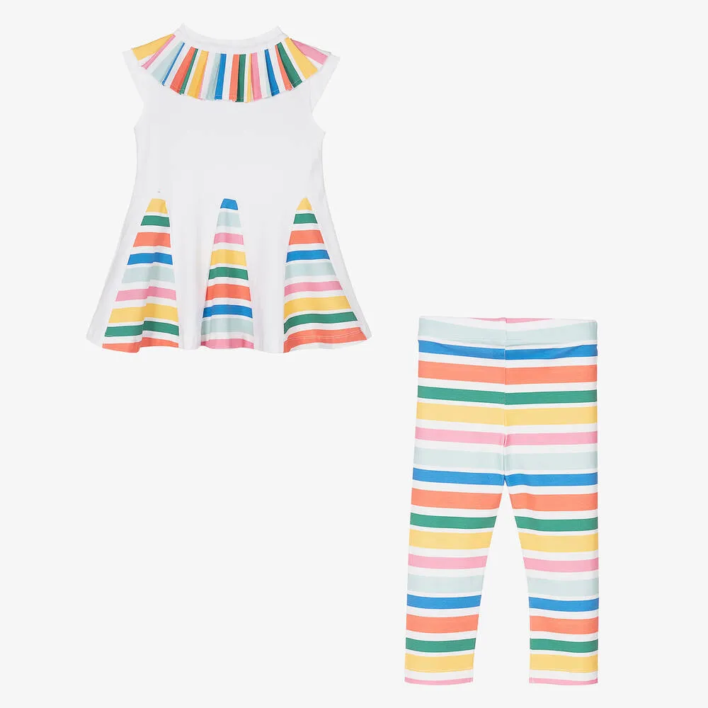 Girls White Stripe Cotton Leggings Set 