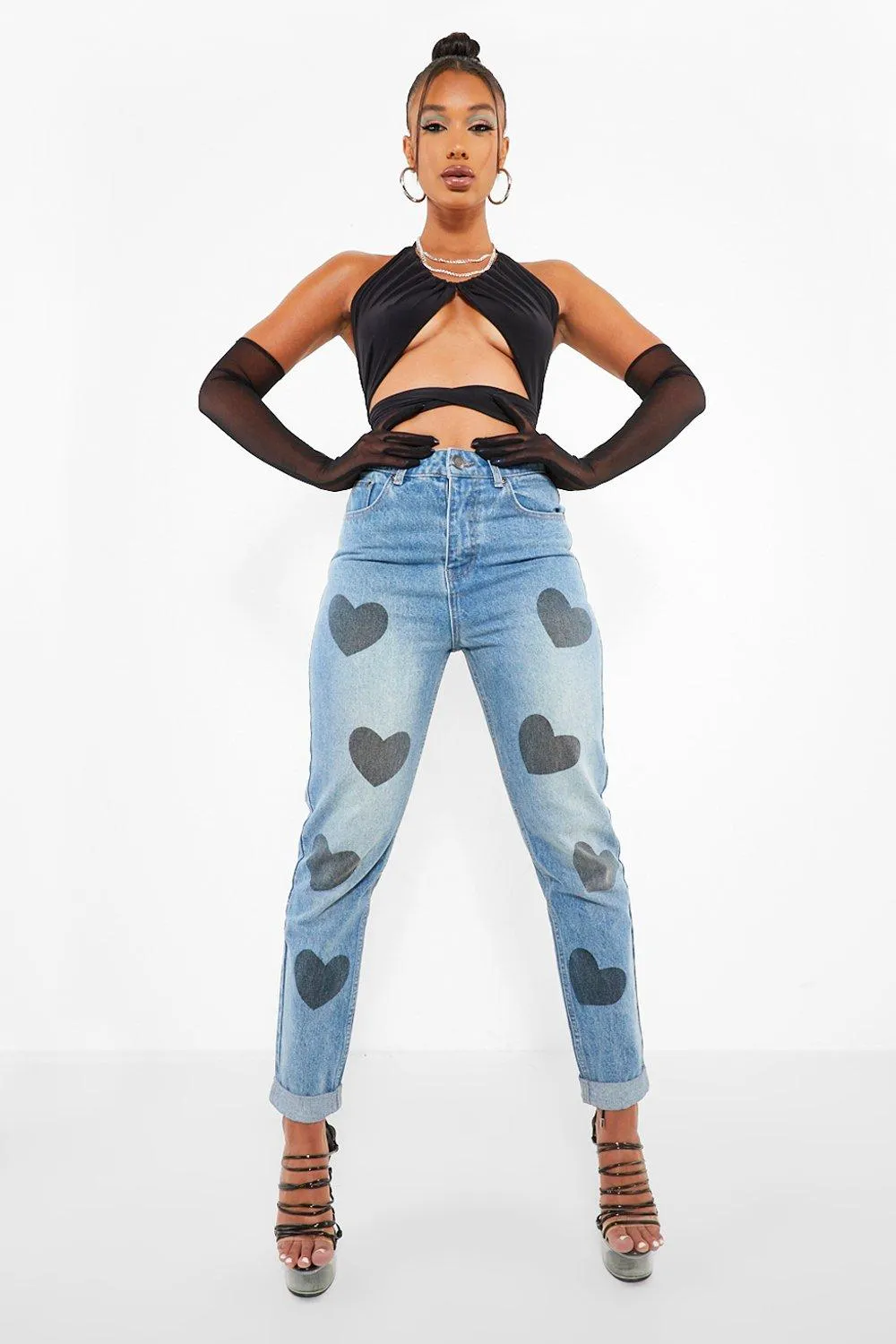 High Waist Heart Print Mom Jeans