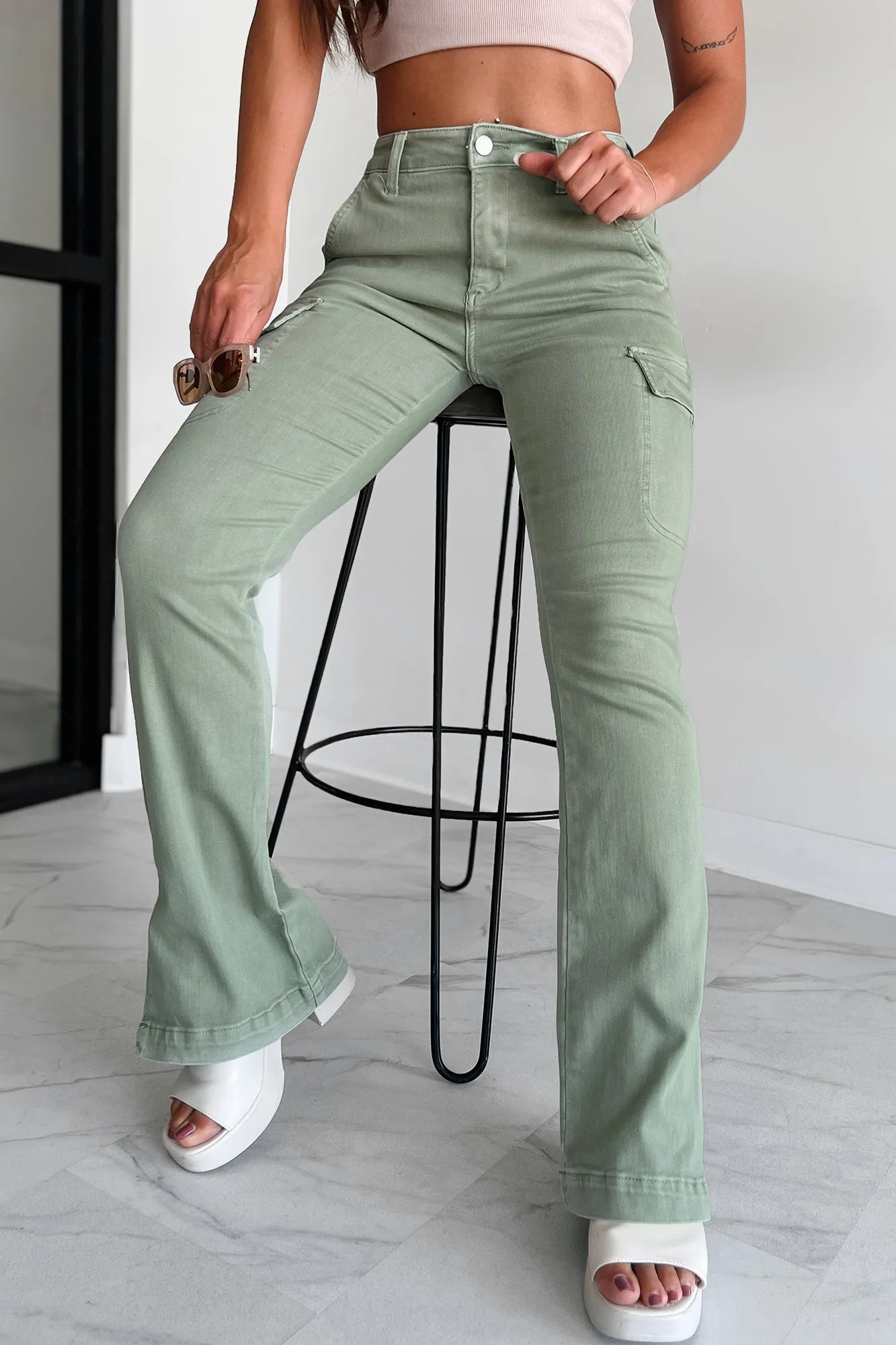 Indiana High Rise Split Hem Cargo Bootcut Jeans (Sage)