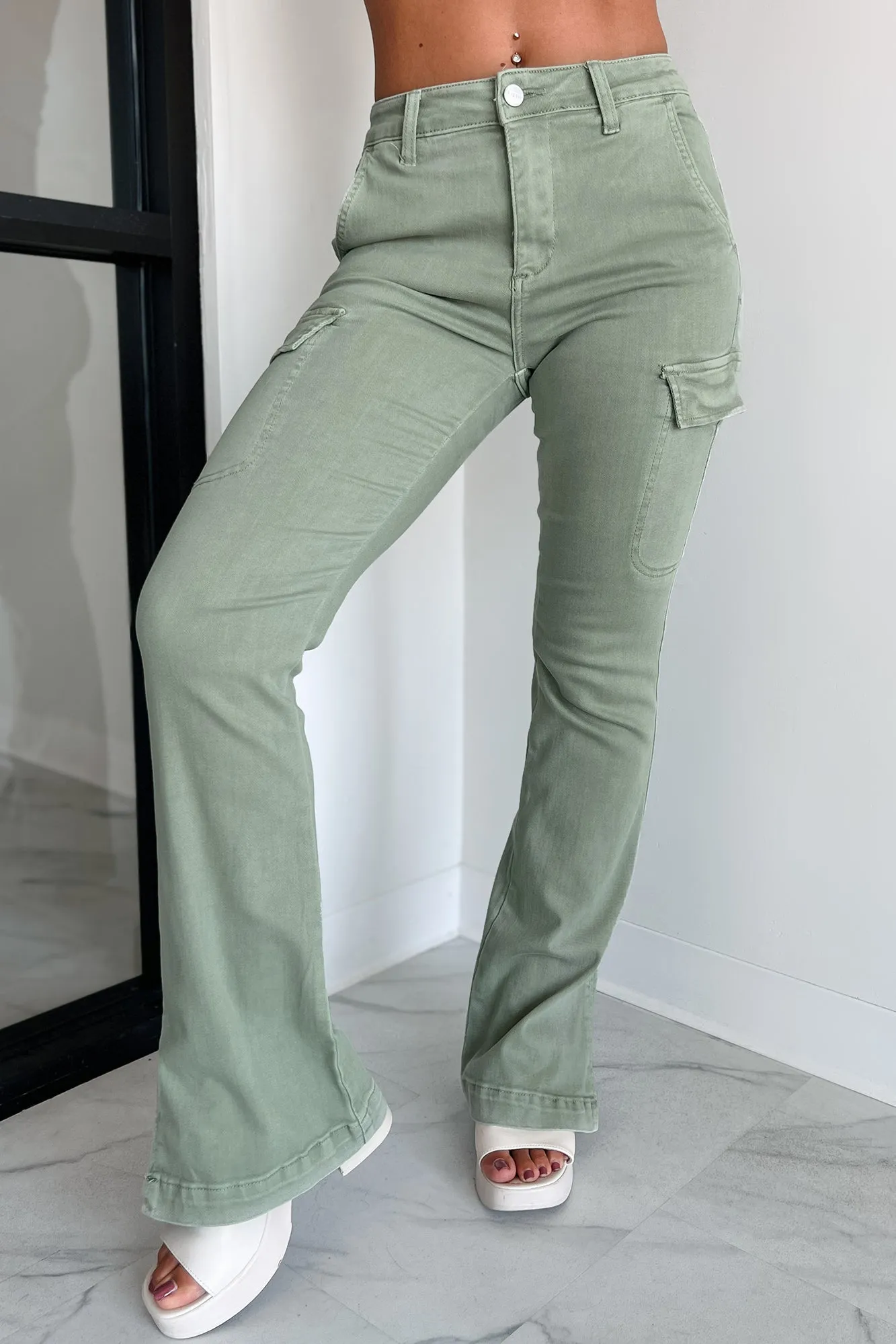 Indiana High Rise Split Hem Cargo Bootcut Jeans (Sage)