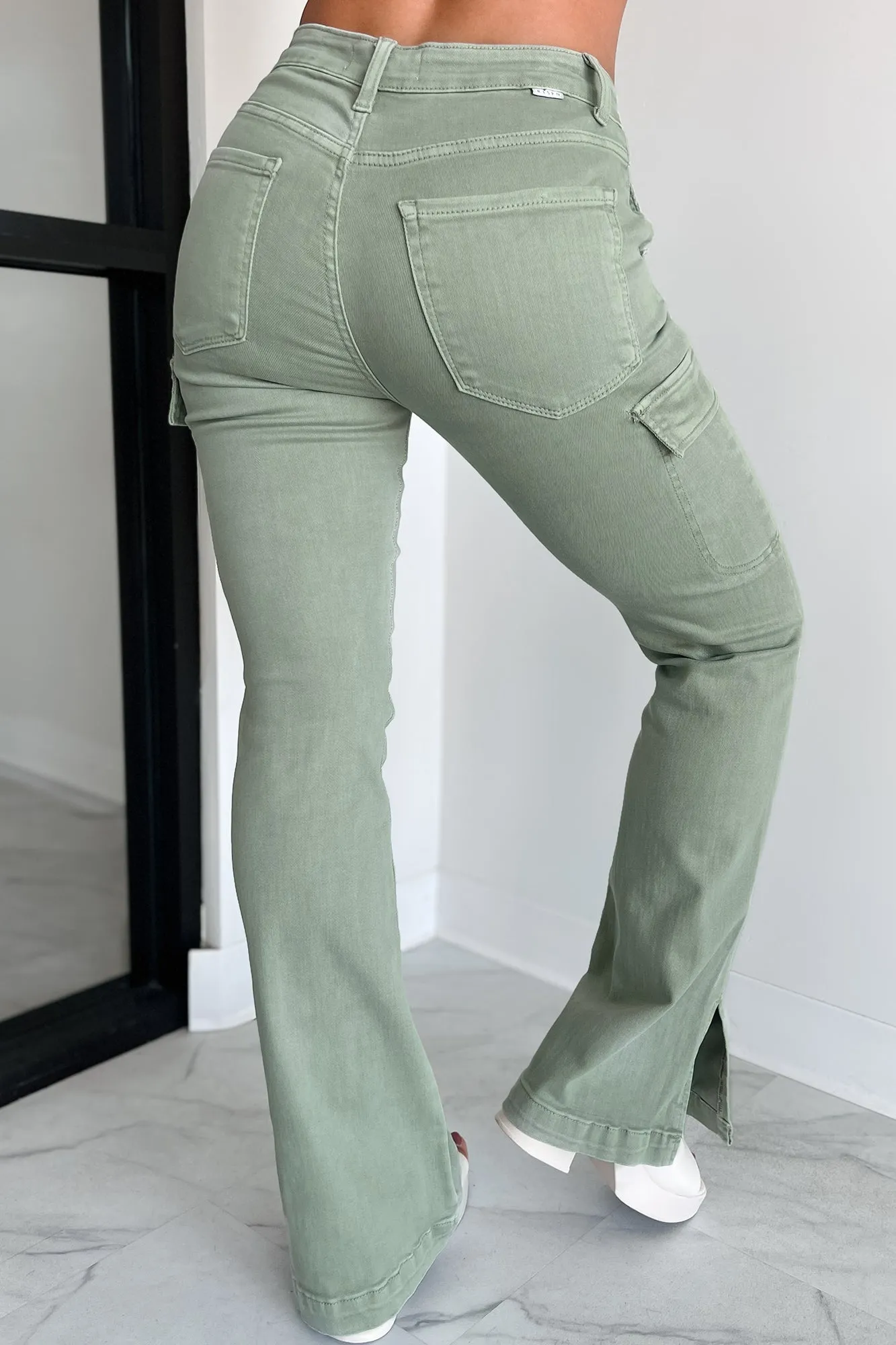 Indiana High Rise Split Hem Cargo Bootcut Jeans (Sage)