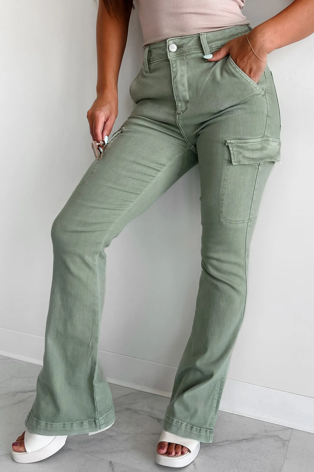 Indiana High Rise Split Hem Cargo Bootcut Jeans (Sage)