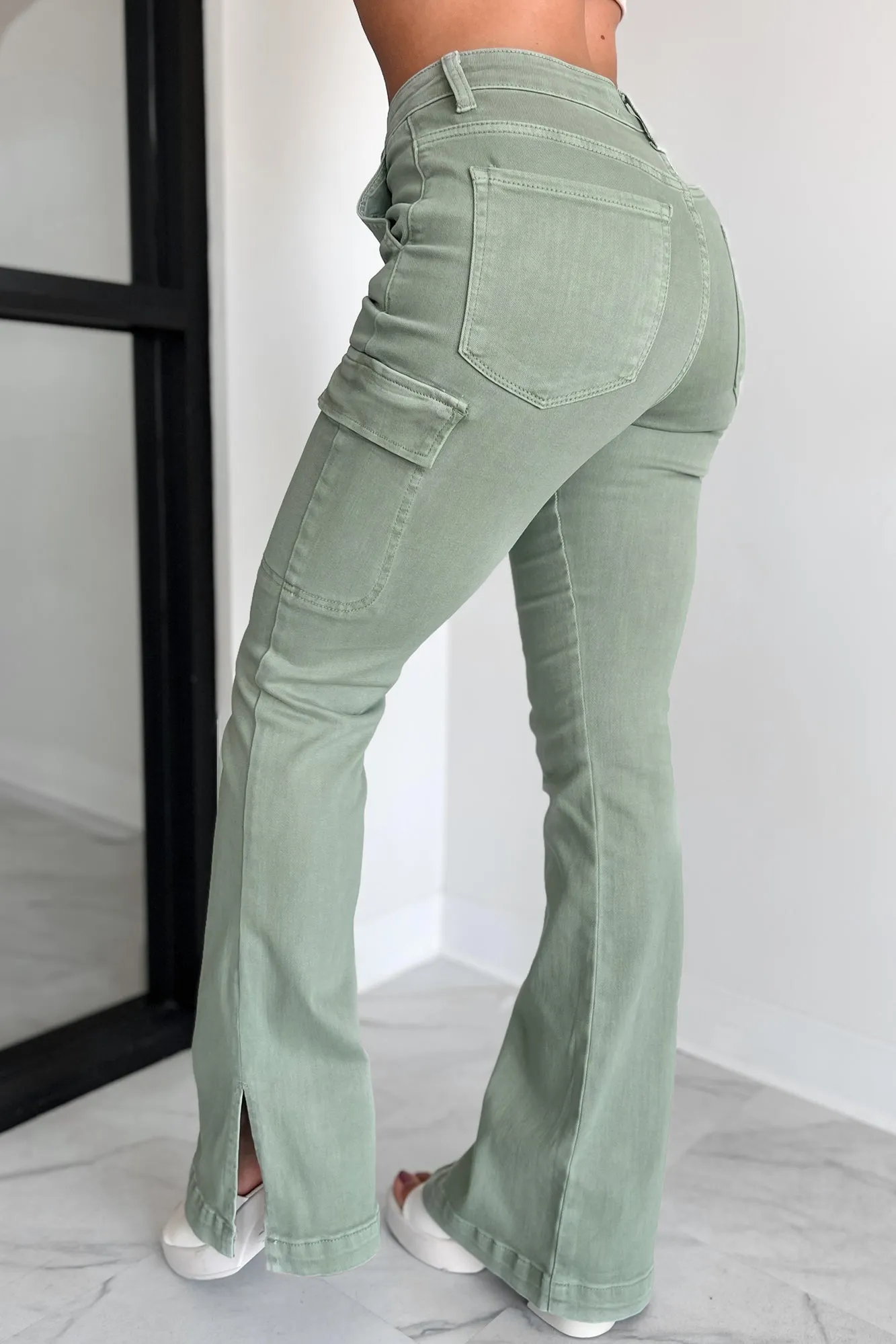 Indiana High Rise Split Hem Cargo Bootcut Jeans (Sage)