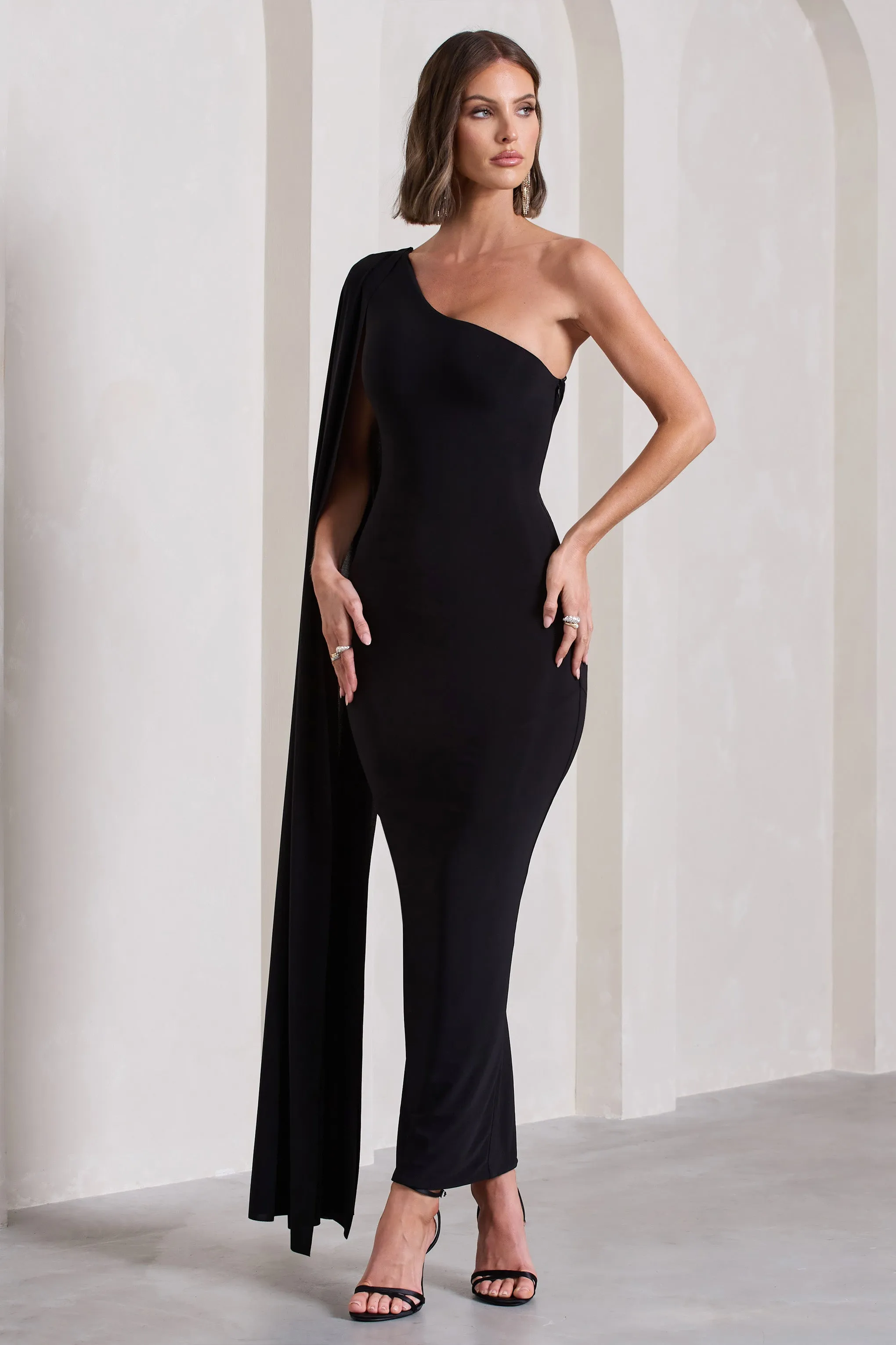 Kamila | Black One Shoulder Cape Sleeve Open-Back Maxi Dress