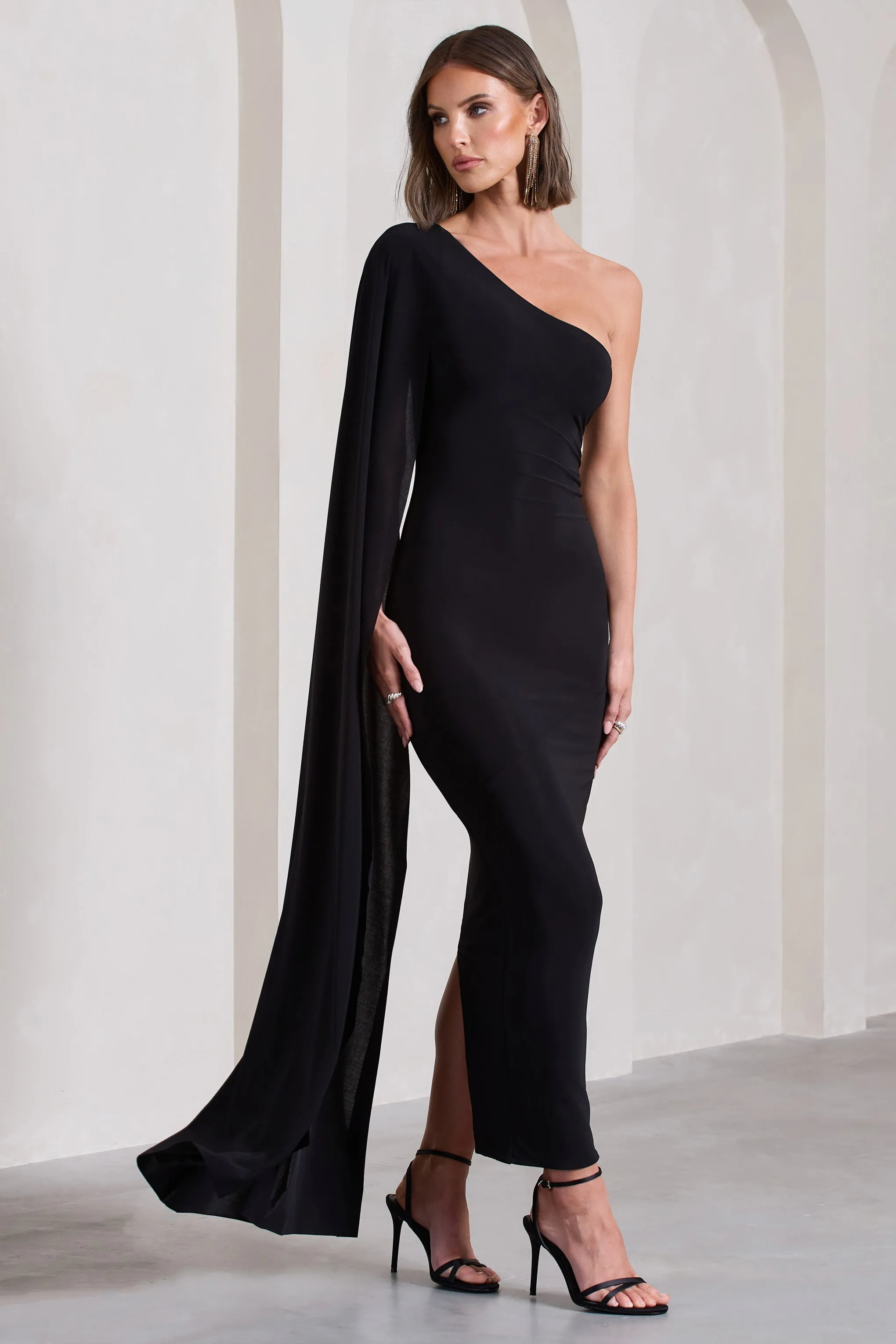 Kamila | Black One Shoulder Cape Sleeve Open-Back Maxi Dress