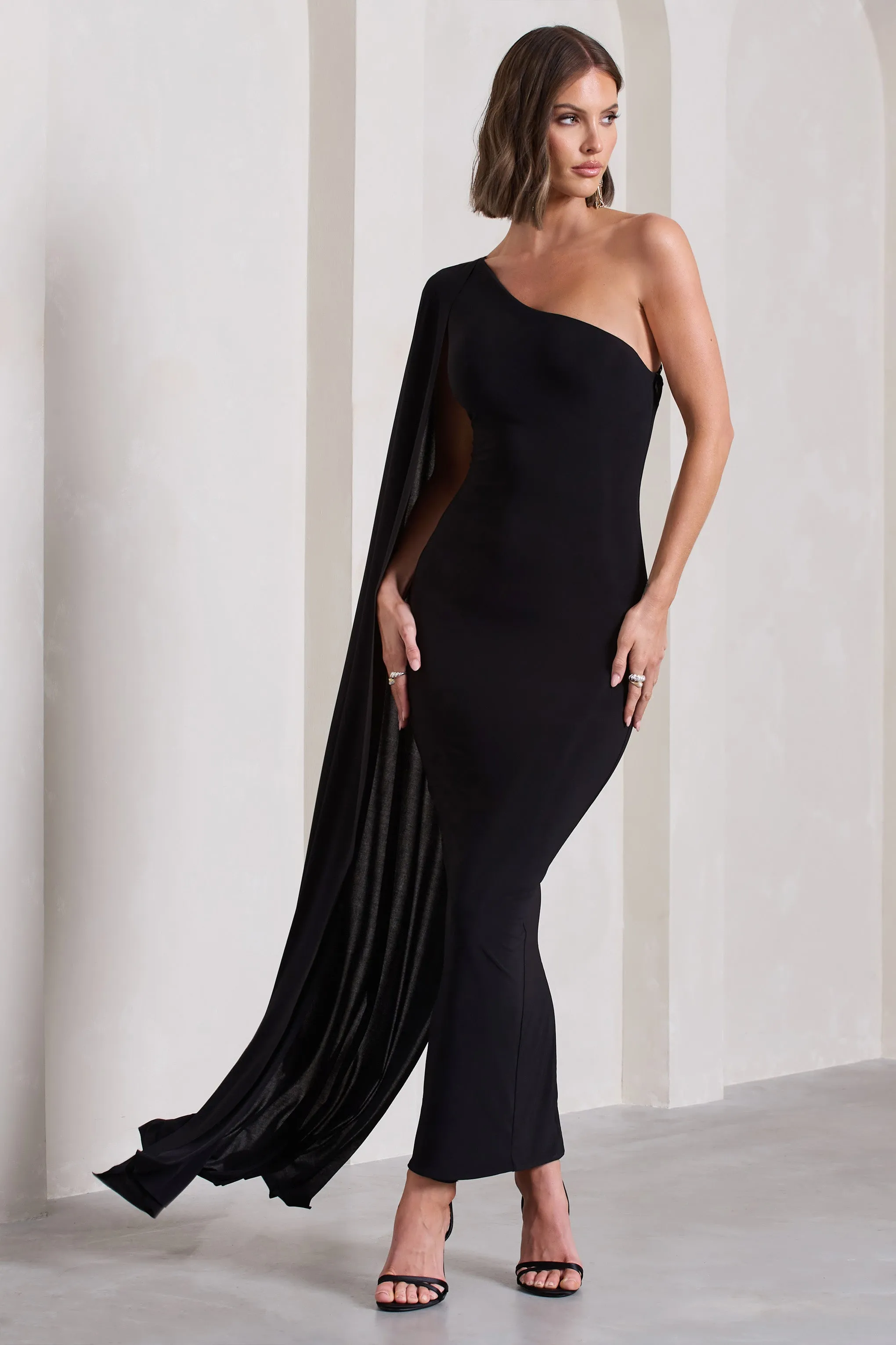 Kamila | Black One Shoulder Cape Sleeve Open-Back Maxi Dress