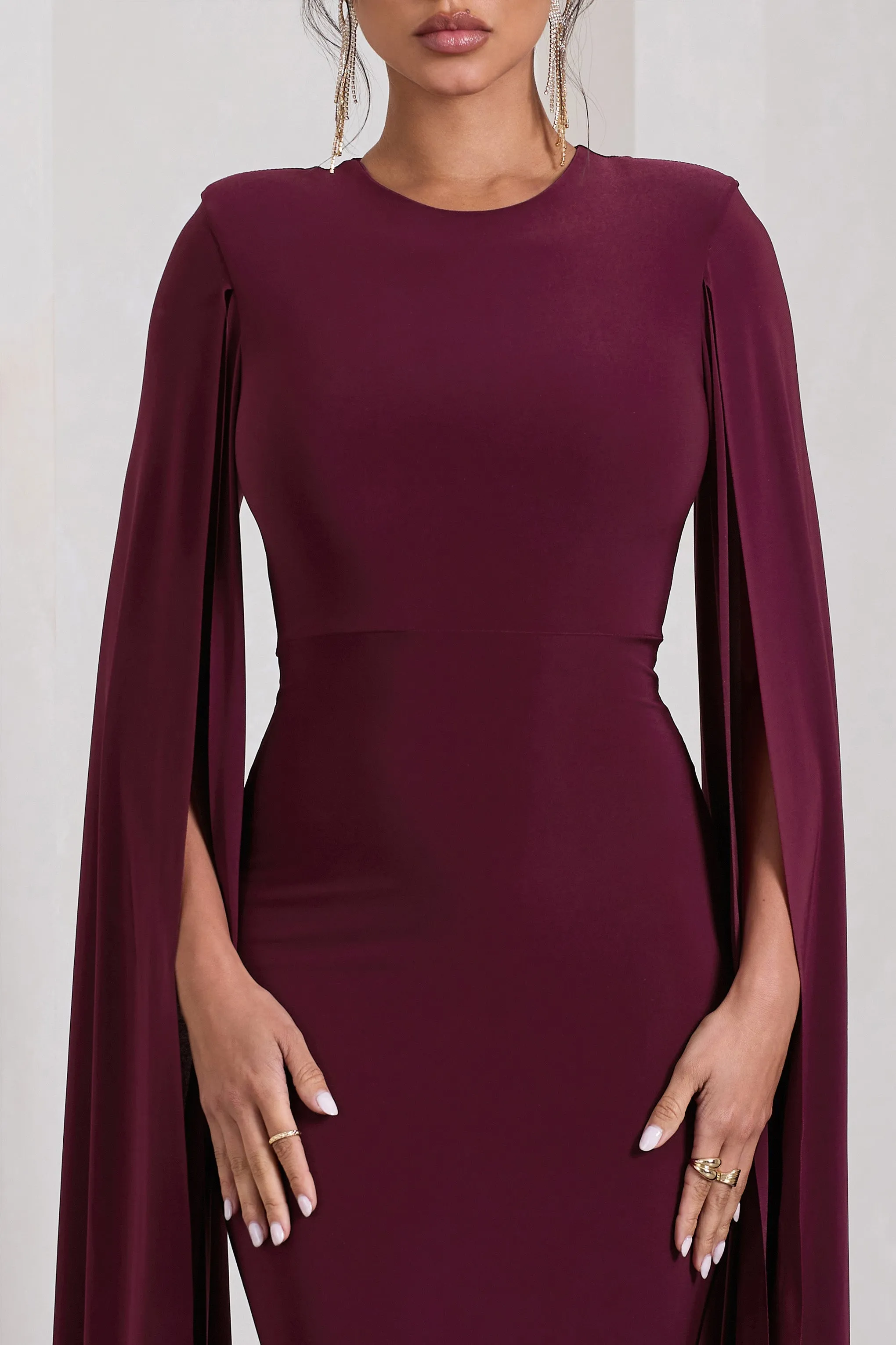 Kimmy | Burgundy High Neck Maxi Dress With Cape Sleeves