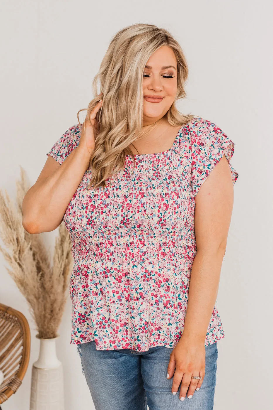 Kindred Spirit Smocked Floral Blouse- Off-White & Pink