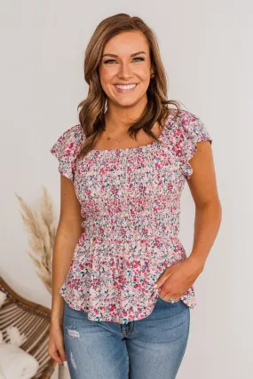 Kindred Spirit Smocked Floral Blouse- Off-White & Pink