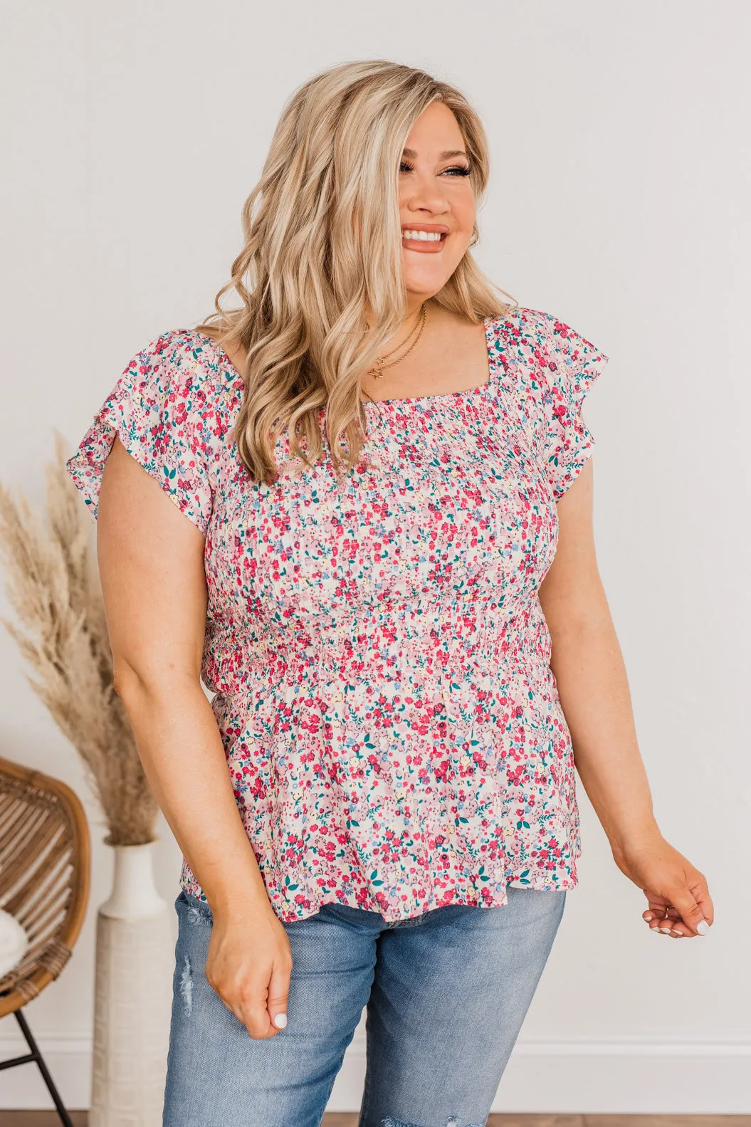 Kindred Spirit Smocked Floral Blouse- Off-White & Pink