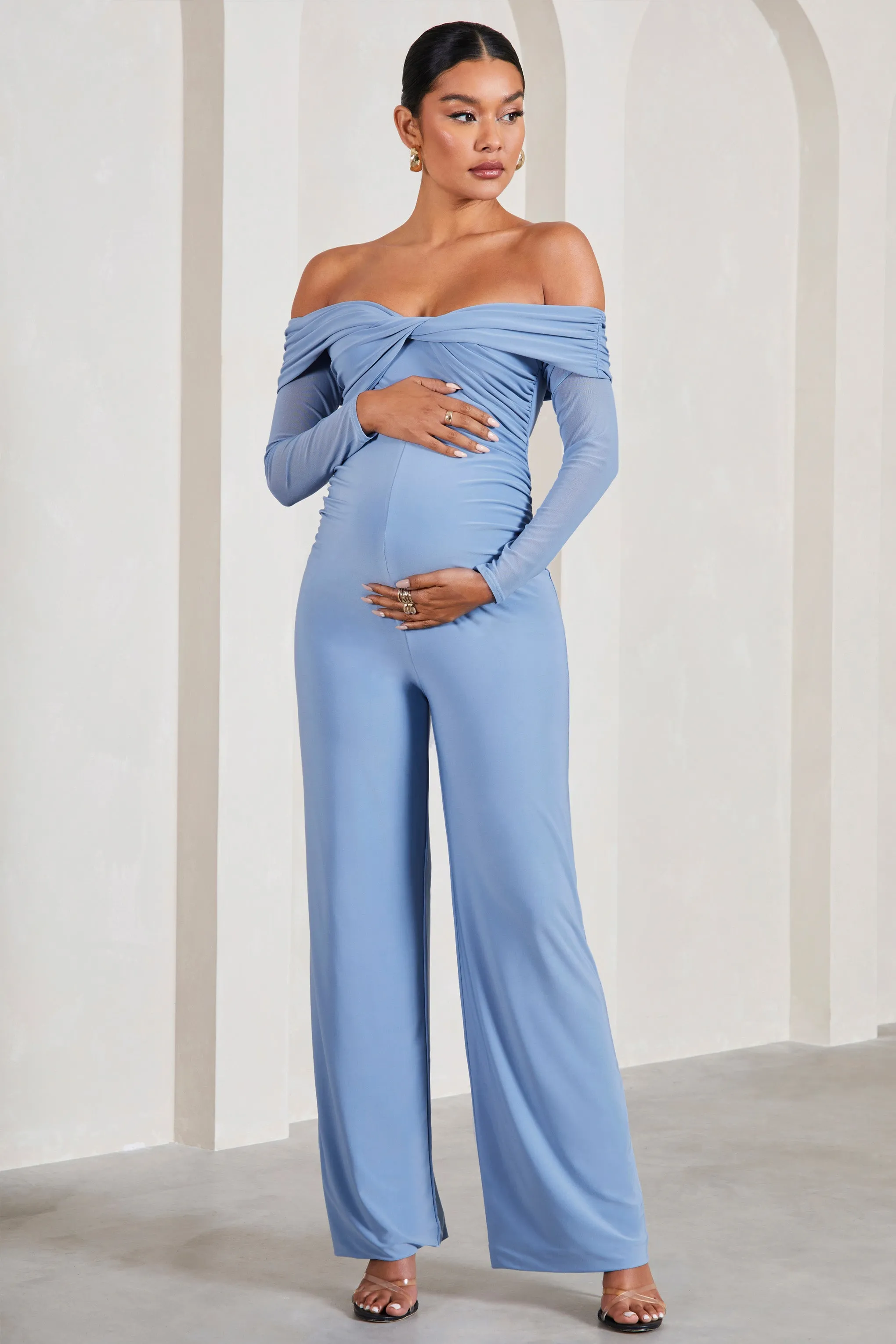 Kyla | Cornflower Blue Ruched Bardot Long-Sleeved Wide-Leg Maternity Jumpsuit