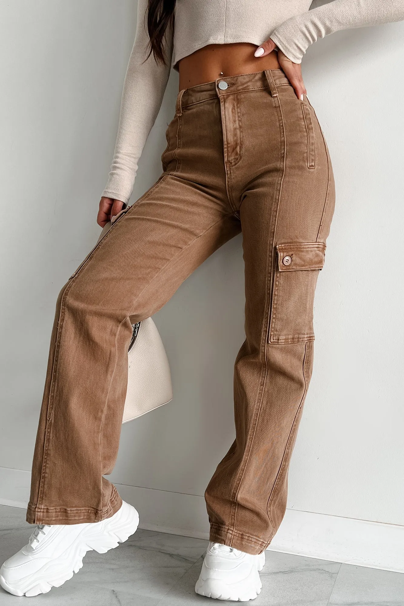 Laith High Rise Wide Leg Risen Cargo Jeans (Cocoa)