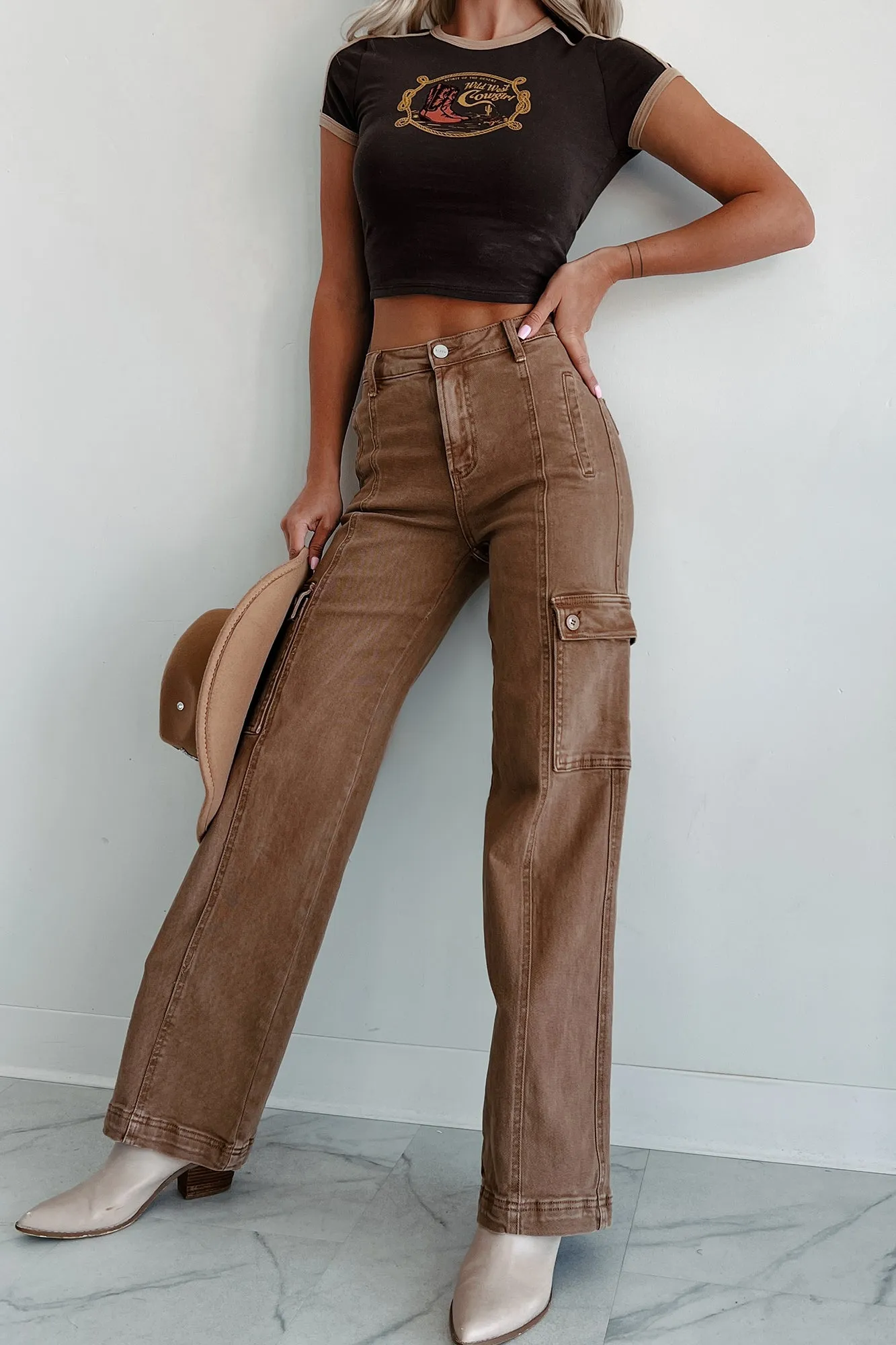 Laith High Rise Wide Leg Risen Cargo Jeans (Cocoa)