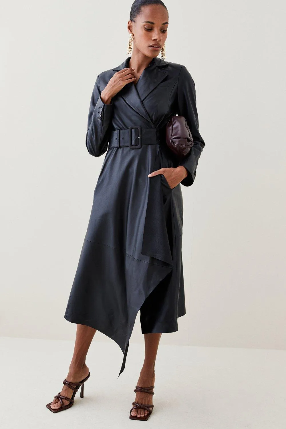 Leather Collared Drape Hem Coat | Karen Millen